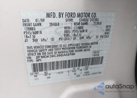 2009 Ford Edge Limited z USA, uszkodzony, nr VIN 2FMDK39C39BA69766